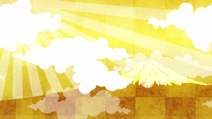 Gold Background Video, Illustration of Landscape with Mt. Fuji and Clouds with halo shining