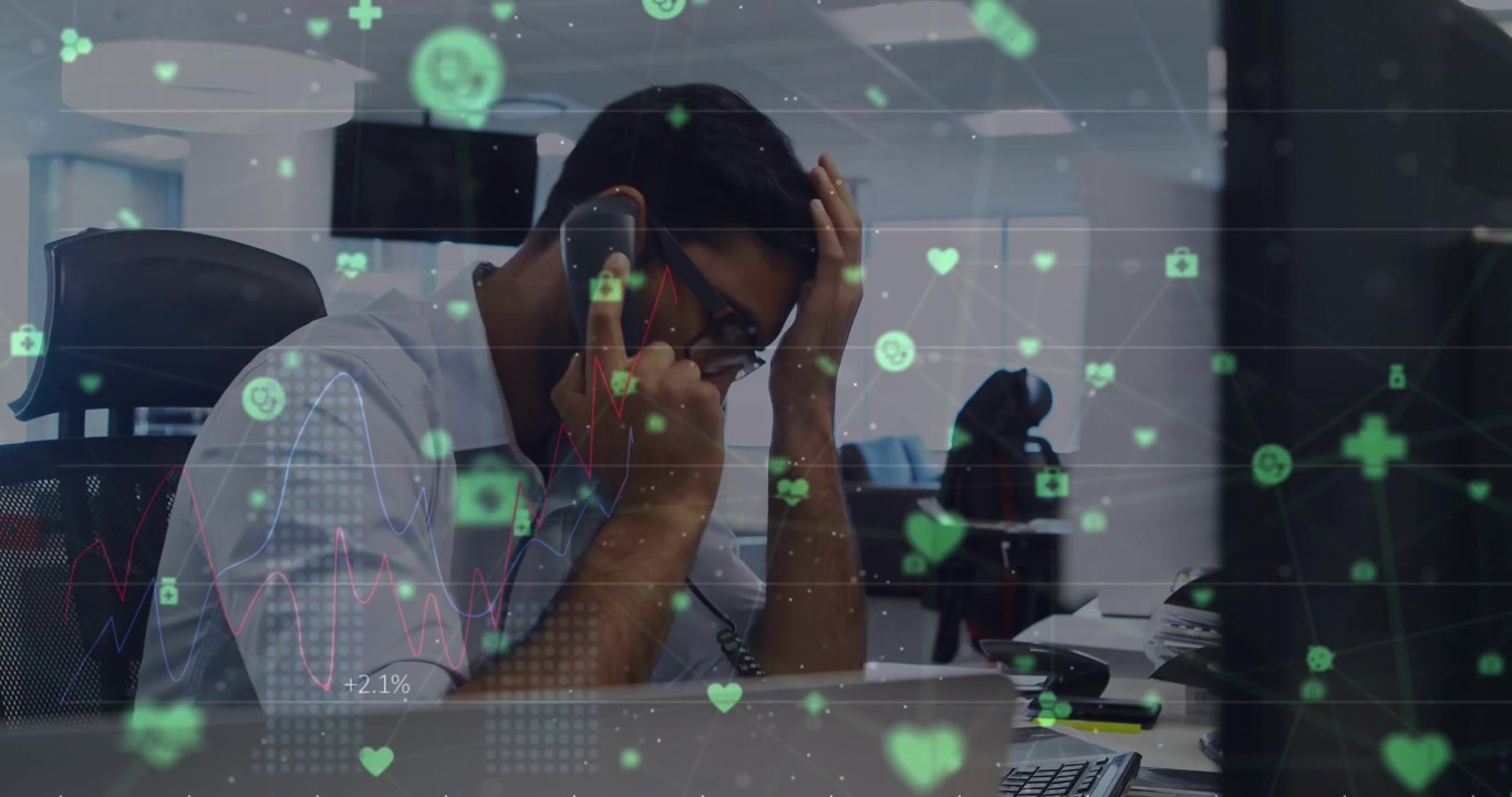 Animation of data processing over african american businessman in office
