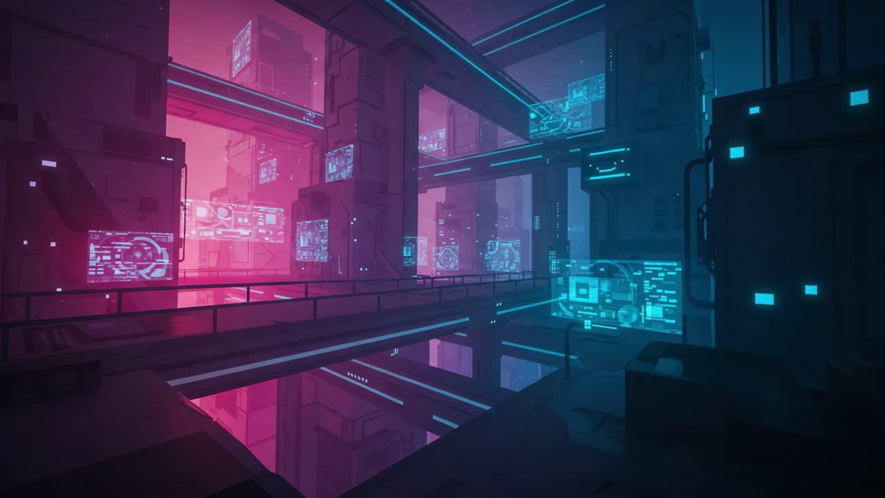 Exploring a Futuristic Cityscape: A Visually Stunning Render of High-tech Structures Featuring Neon Lighting and Digital Displays in an Otherworldly Environment