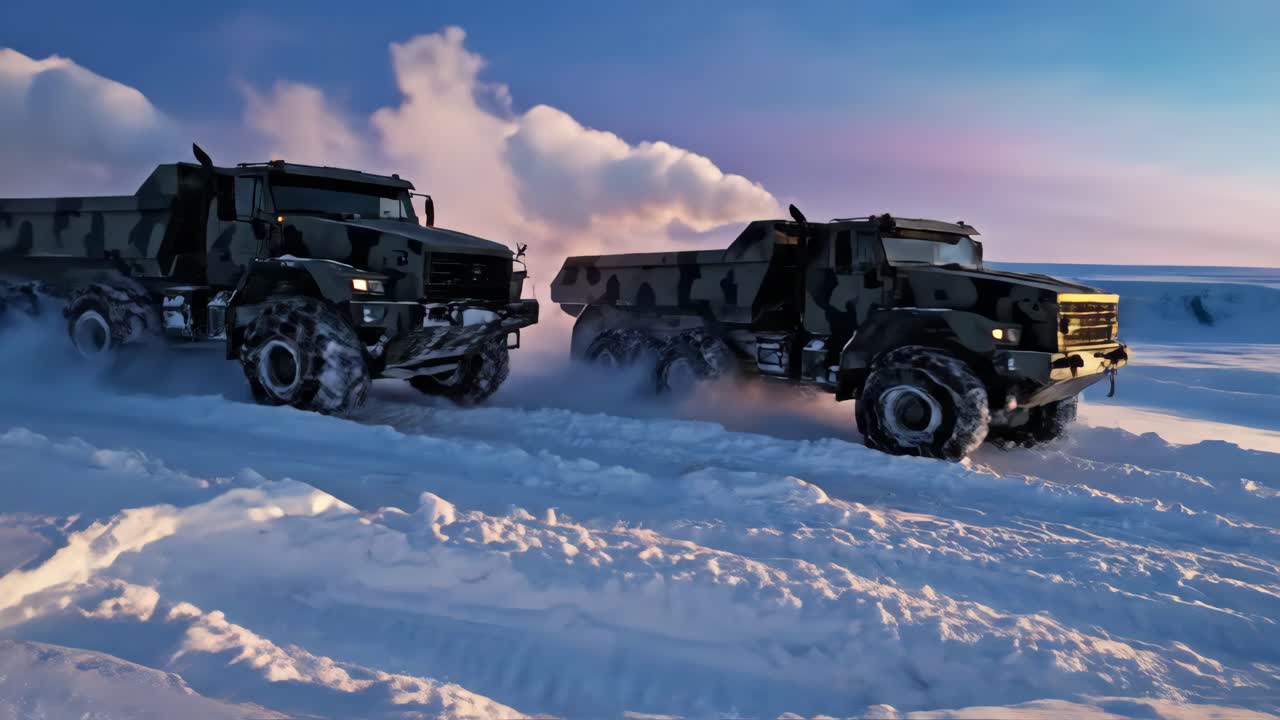 Camion che attraversano un paesaggio innevato