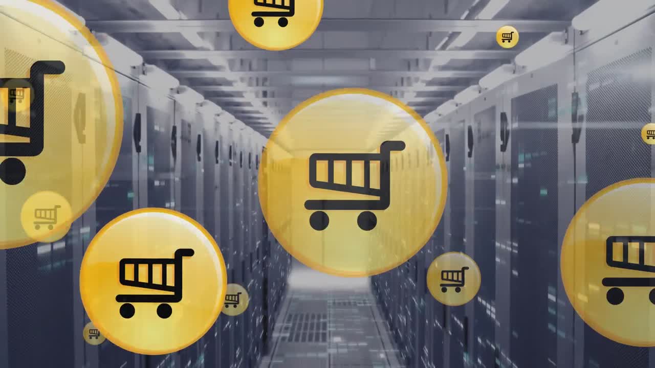 컴퓨터 서버 에 대해 여러 쇼핑 카트 아이콘이 떠다니고 모자이크 사각형의 애니메이션