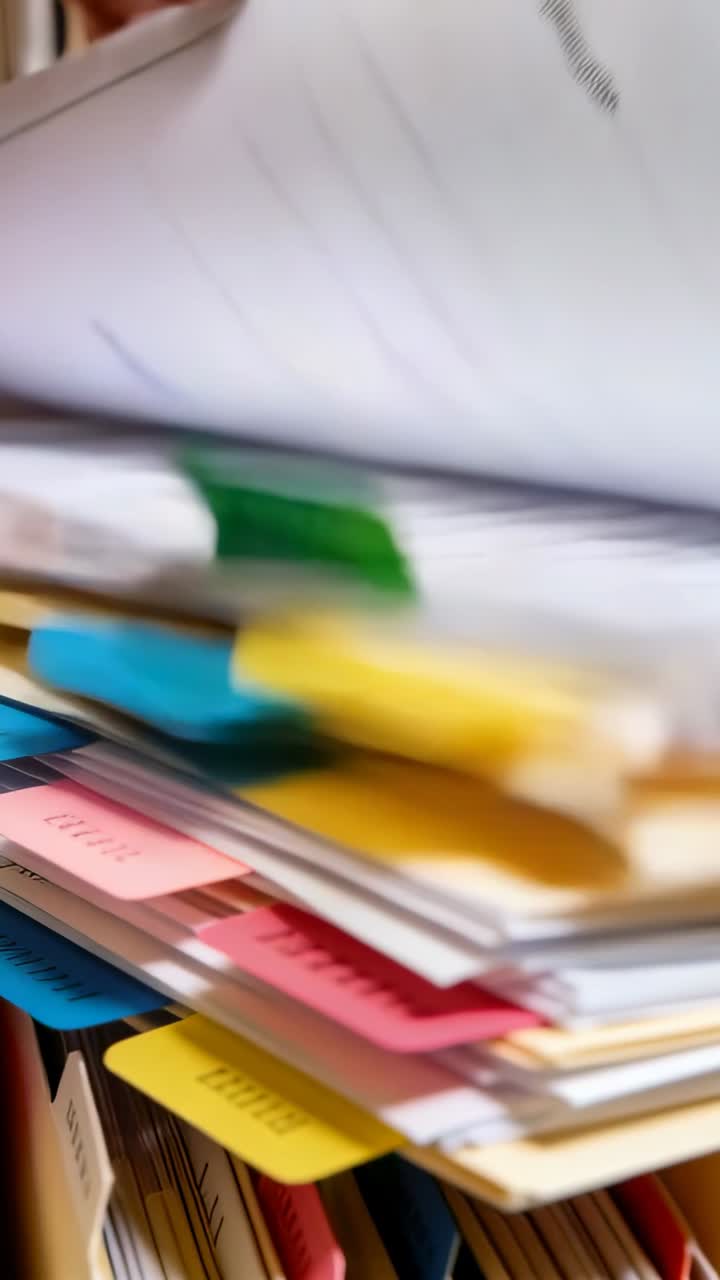 Vertical video: Reaching admin hand fanning paper stack at desk revealing bright tabs while sorting