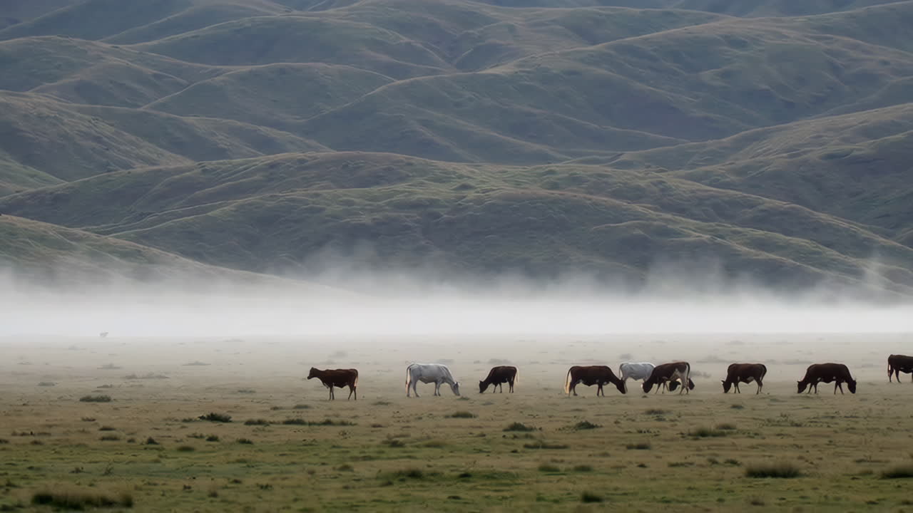 vacas pastando en un valle de montaña lleno de niebla