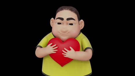el lindo chico gordo está abrazando el gran corazón rojo con cariño, aislado en fondo negro con canal alfa, animación de dibujos animados en 3d.
