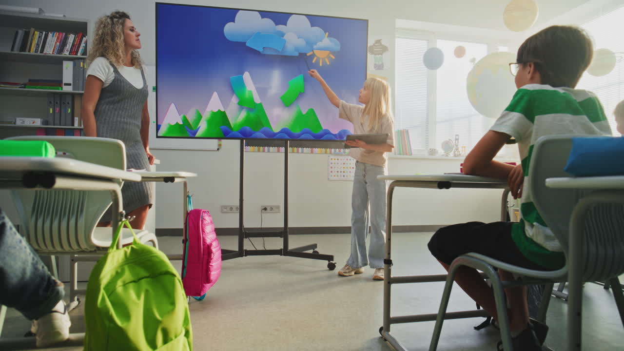 Primary School Girl Showcasing Knowledge of Geography in Front of Class and Teacher Using Digital