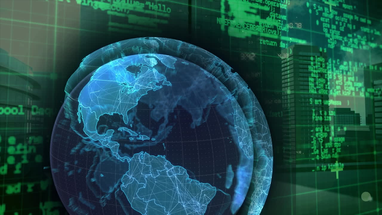 Animation of data processing over cityscape and globe