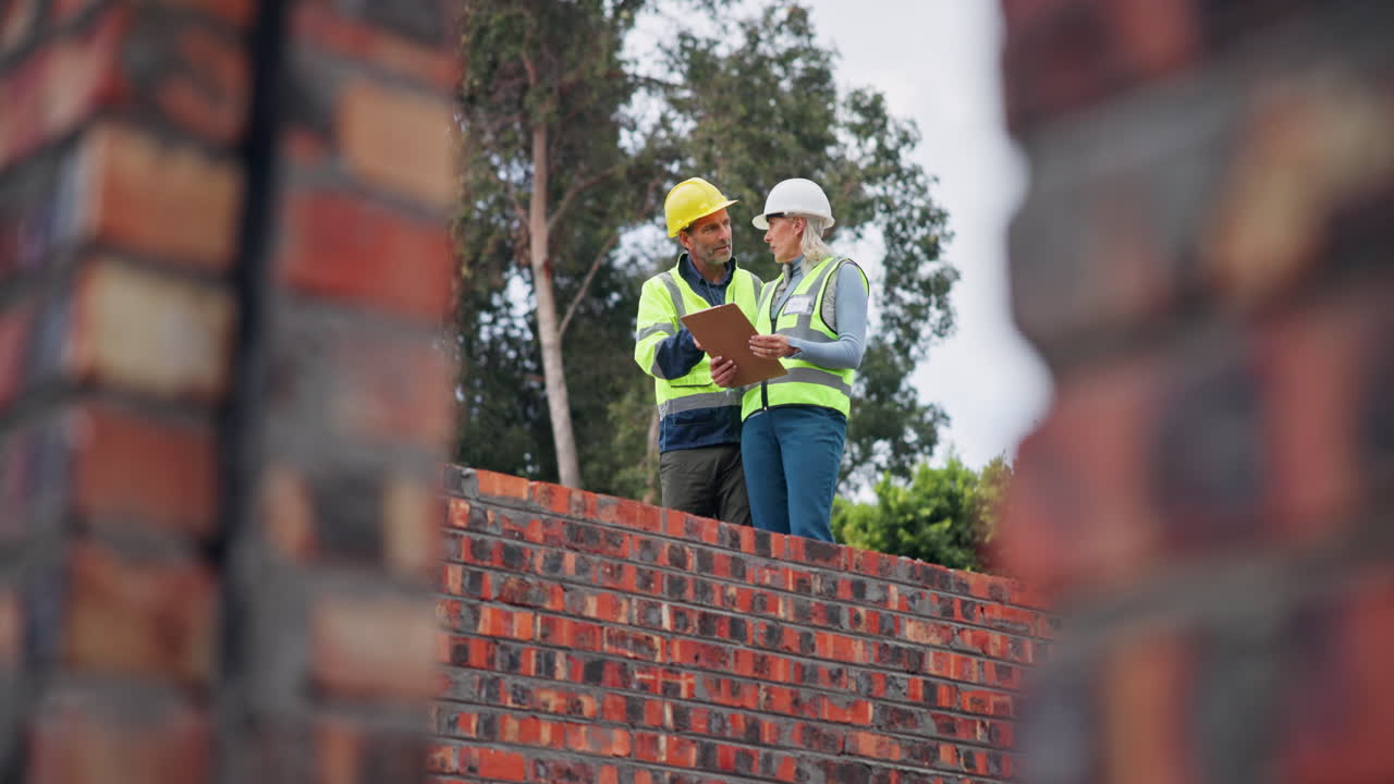 Construction workers inspecting brick wall