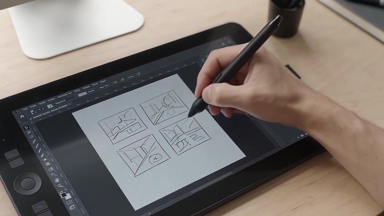 Artista desenhando esboços de storyboard em mesa digitalizadora