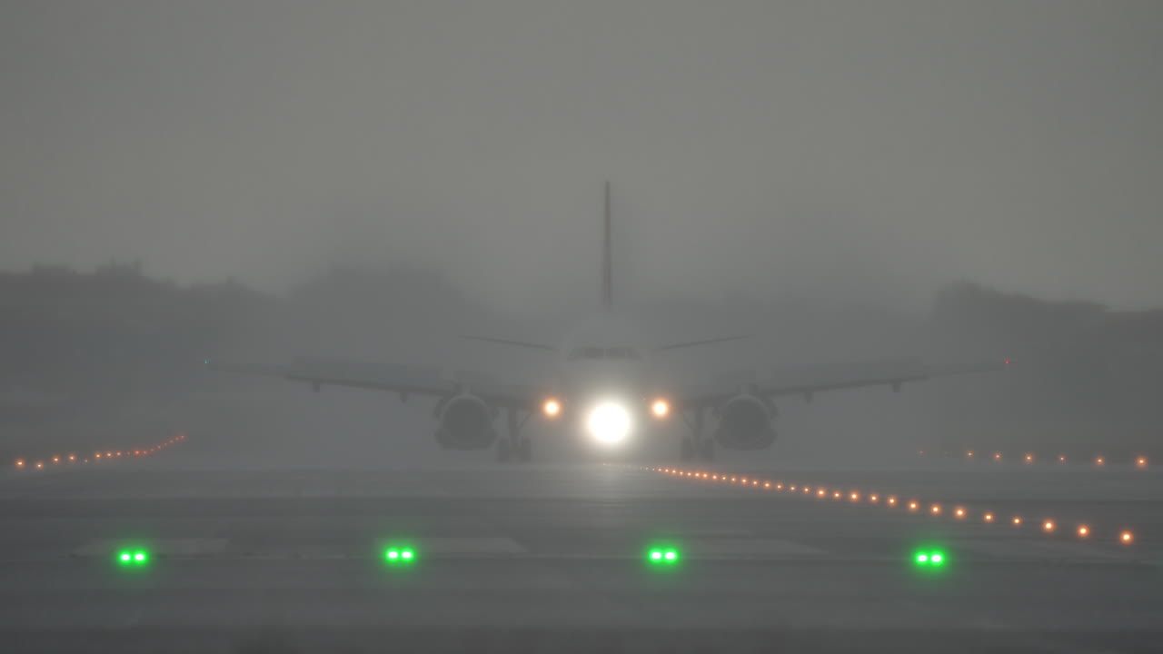 Un aereo si avvicina alla pista nella fitta nebbia, con luci intense che illuminano il percorso durante una pioggia battente