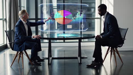 business meeting with holographic data visualization