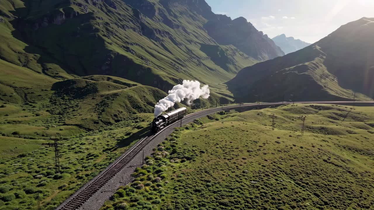 Aerial video of a steam train traveling through lush green mountains, showcasing a scenic landscape