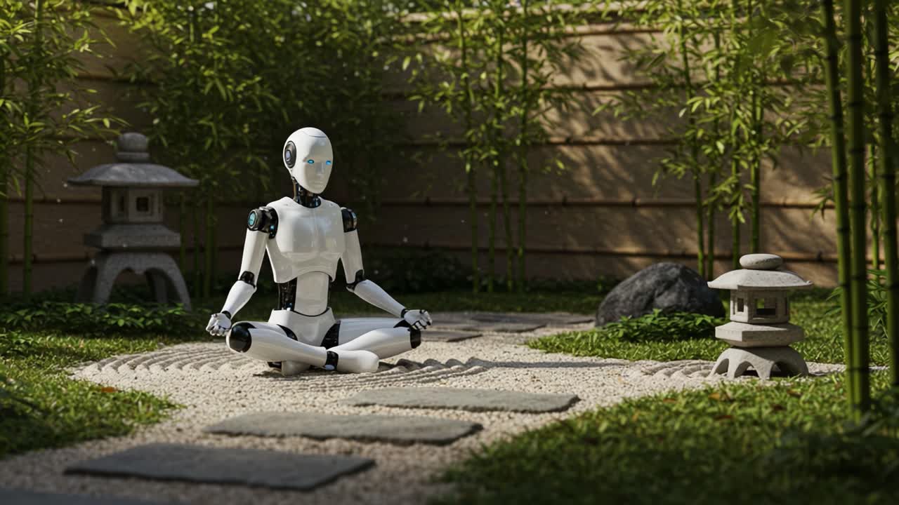 A Tranquil Moment of Reflection: A Futuristic Robot Meditating in a Serene Zen Garden Surrounded by Bamboo and Stone Lanterns