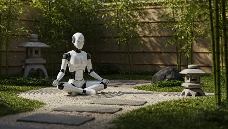 a tranquil moment of reflection: a futuristic robot meditating in a serene zen garden surrounded by bamboo and stone lanterns
