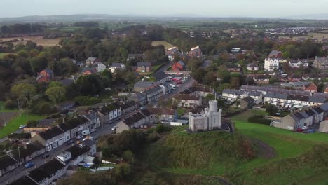 Aerial-view-of-The-Moat-in-Donaghadee-town-on-an-overcast-day,-County-Down,-Northern-Ireland