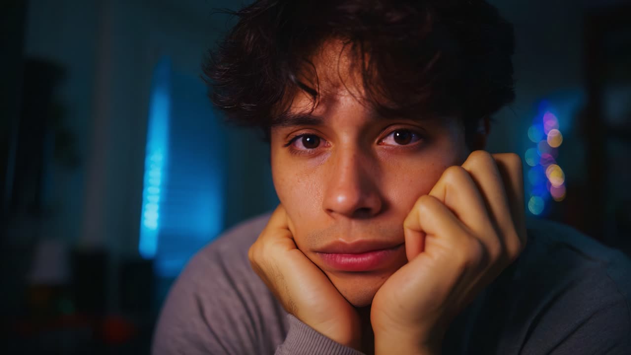 A contemplative young man with a focused expression sits in a dimly lit room, resting his chin on his hands, evoking feelings of introspection and thought