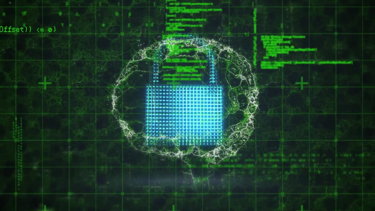Animation of digital padlock and brain over data processing on black background