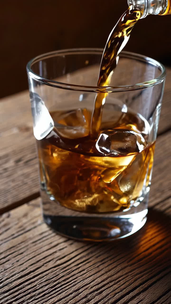 whisky vertiendo en un vaso con hielo