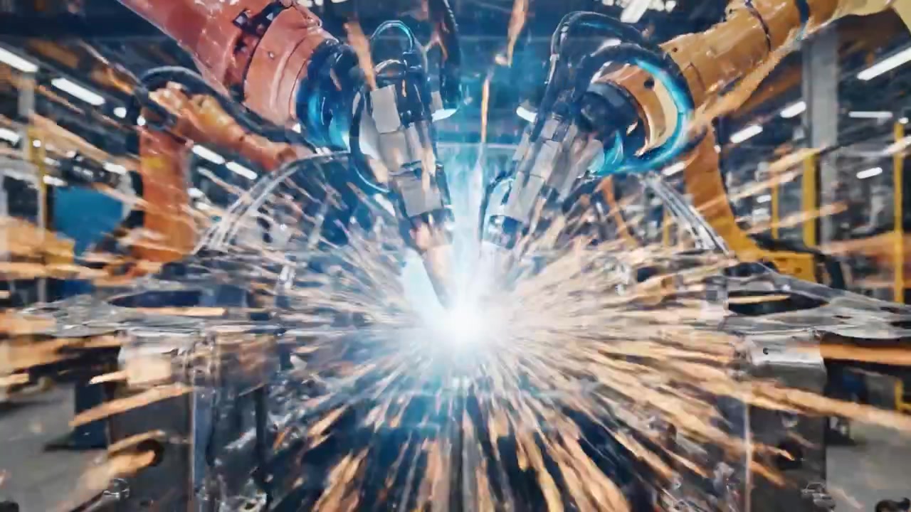 Proceso avanzado de soldadura robótica en la fabricación automotriz: robots de alta precisión realizan soldadura automatizada en chasis de automóviles, generando chispas y mejorando la eficiencia