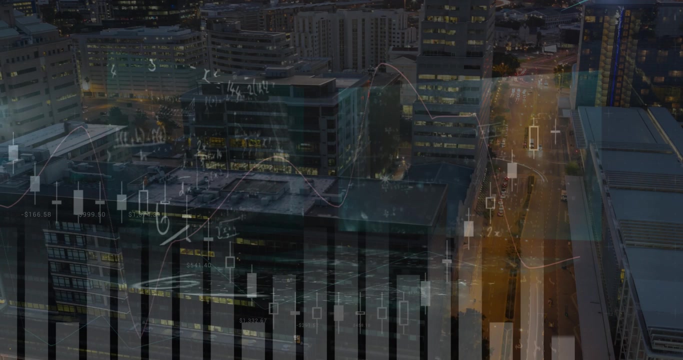 Financial Data Overlay on Aerial Cityscape at Night