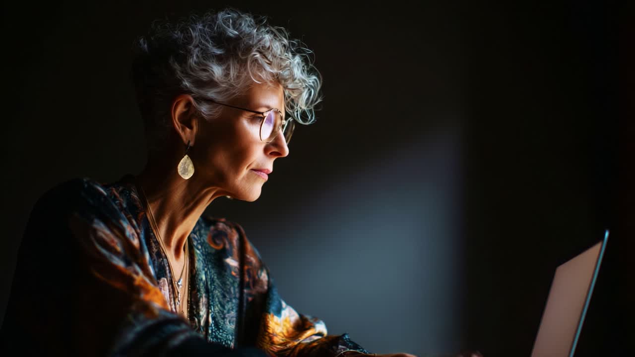 Donna concentrata che lavora fino a tardi al portatile, illuminata da una luce soffusa, dimostra concentrazione e creatività in un ambiente intimo e buio, ideale per raggiungere gli obiettivi