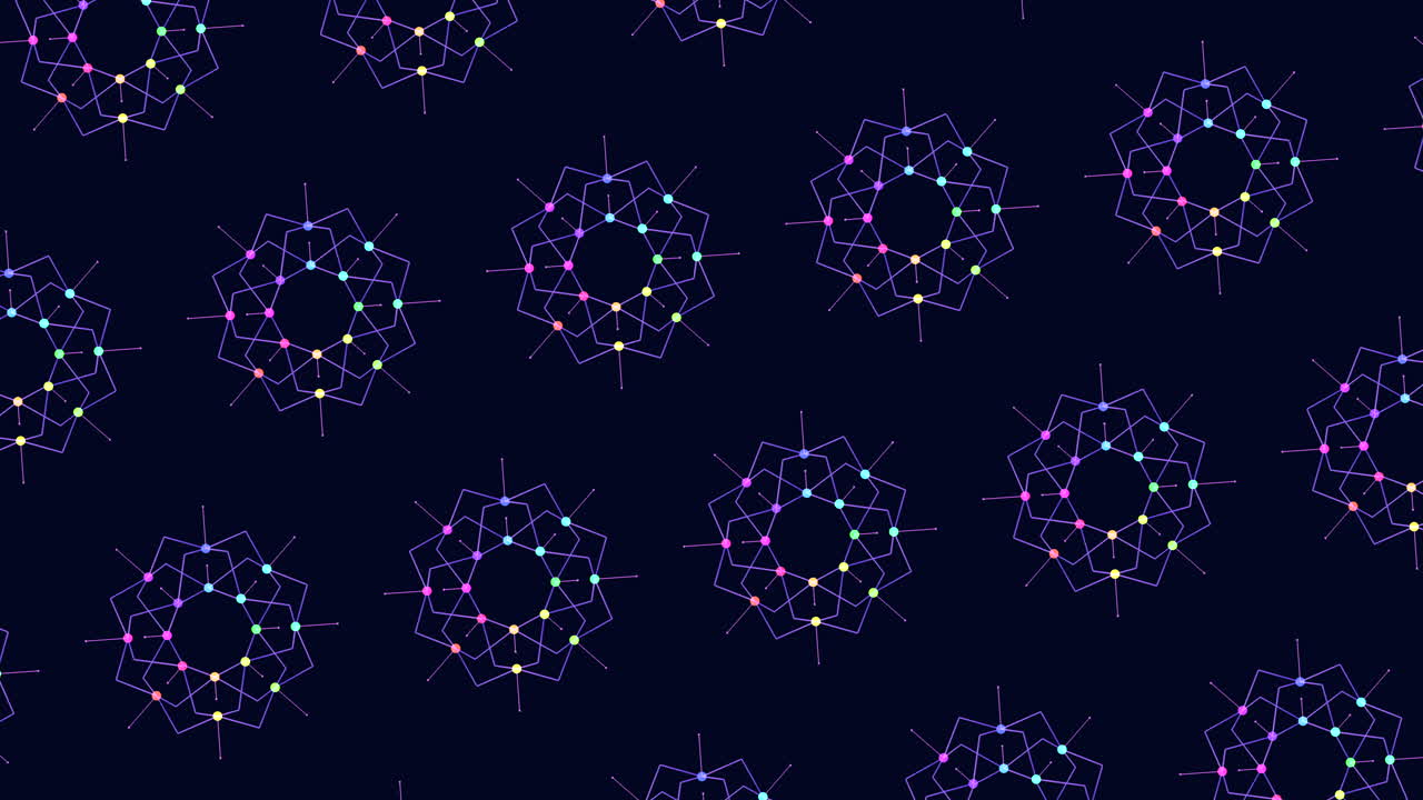 Colorful geometric pattern with lines and shapes in a grid layout. The design includes circles and squares in purple, blue, and green, creating an abstract and visually appealing composition