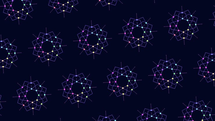 Colorful geometric pattern with lines and shapes in a grid layout. The design includes circles and squares in purple, blue, and green, creating an abstract and visually appealing composition