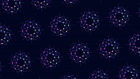 colorful geometric pattern with lines and shapes in a grid layout. the design includes circles and squares in purple, blue, and green, creating an abstract and visually appealing composition