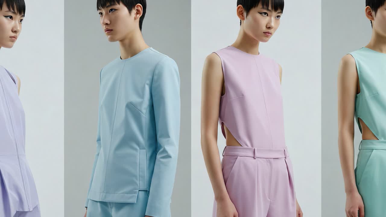 Exploring Modern Fashion: A Showcase of Elegant Minimalism in Soft Hues and Contemporary Cuts Featuring a Stylish Model in Various Outfits