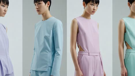 exploring modern fashion: a showcase of elegant minimalism in soft hues and contemporary cuts featuring a stylish model in various outfits