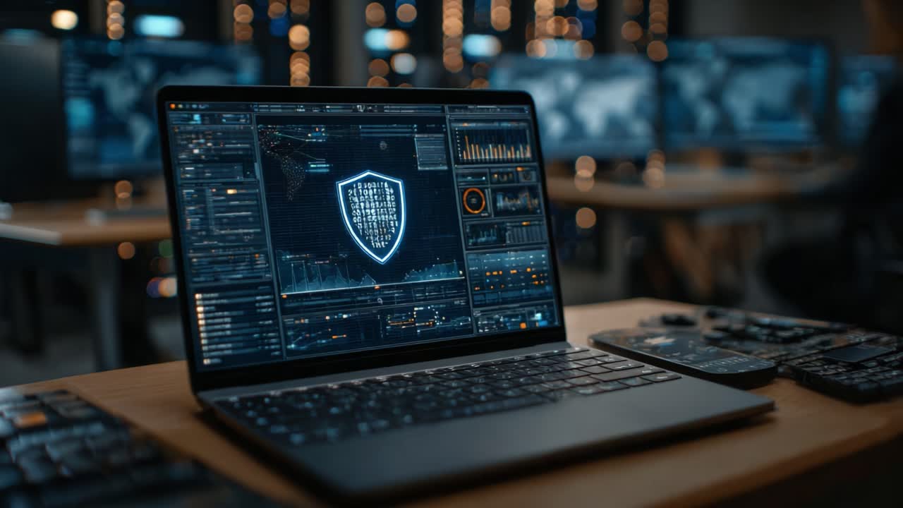 A high-tech laptop displaying advanced cybersecurity graphics, with a glowing shield symbol and data analytics, set in a dimly lit control center filled with monitors