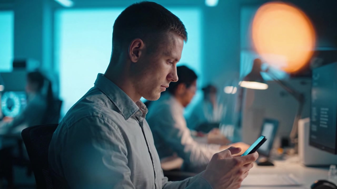 Focused Individual Engaged with Mobile Device Amidst Modern Office Environment, Displaying Concentration and Tech Utilization in Work Setting.