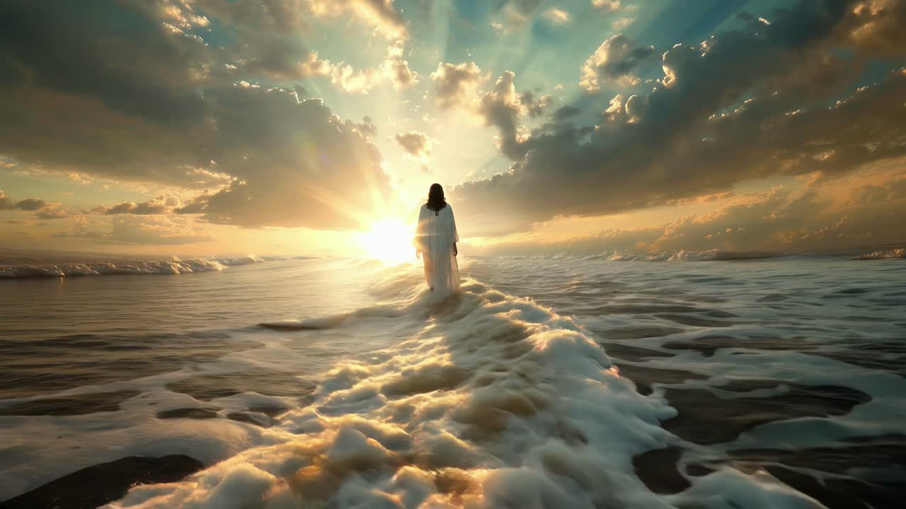 A surreal video concept of a person walking on water at sunset