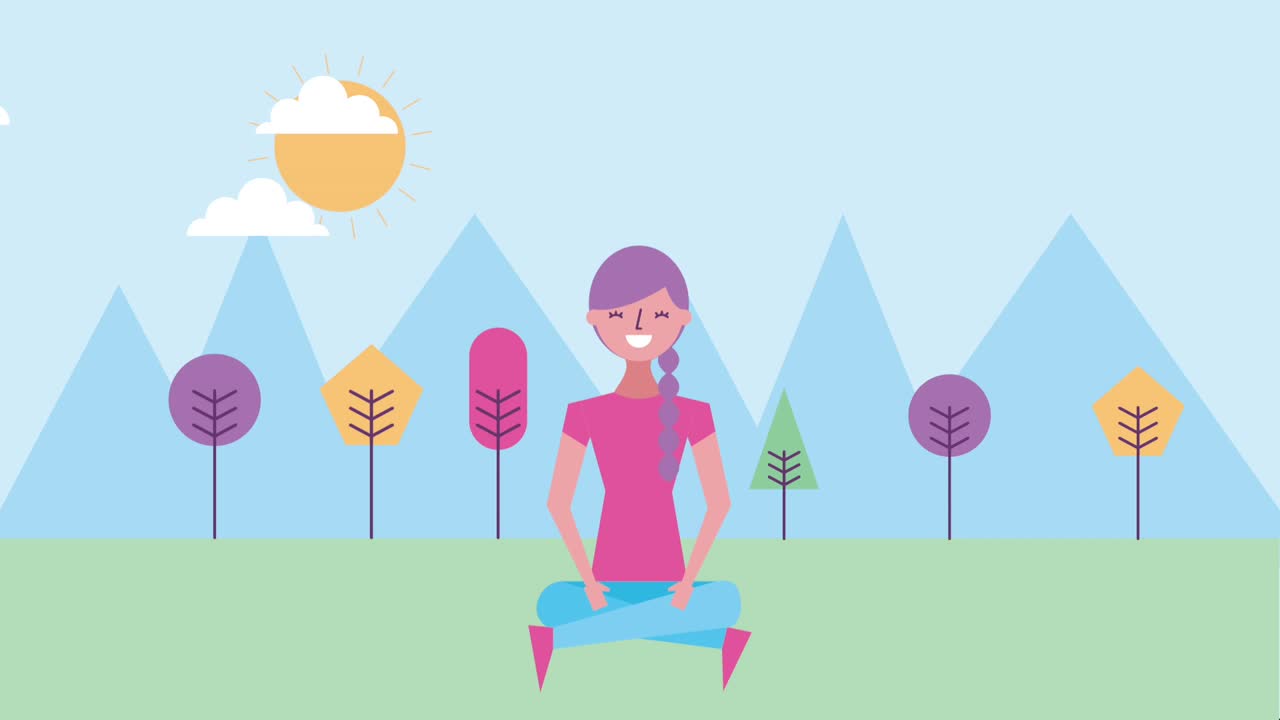 산과 구름, 태양 풍경과 함께 에 앉아 있는 미소 짓는 여자