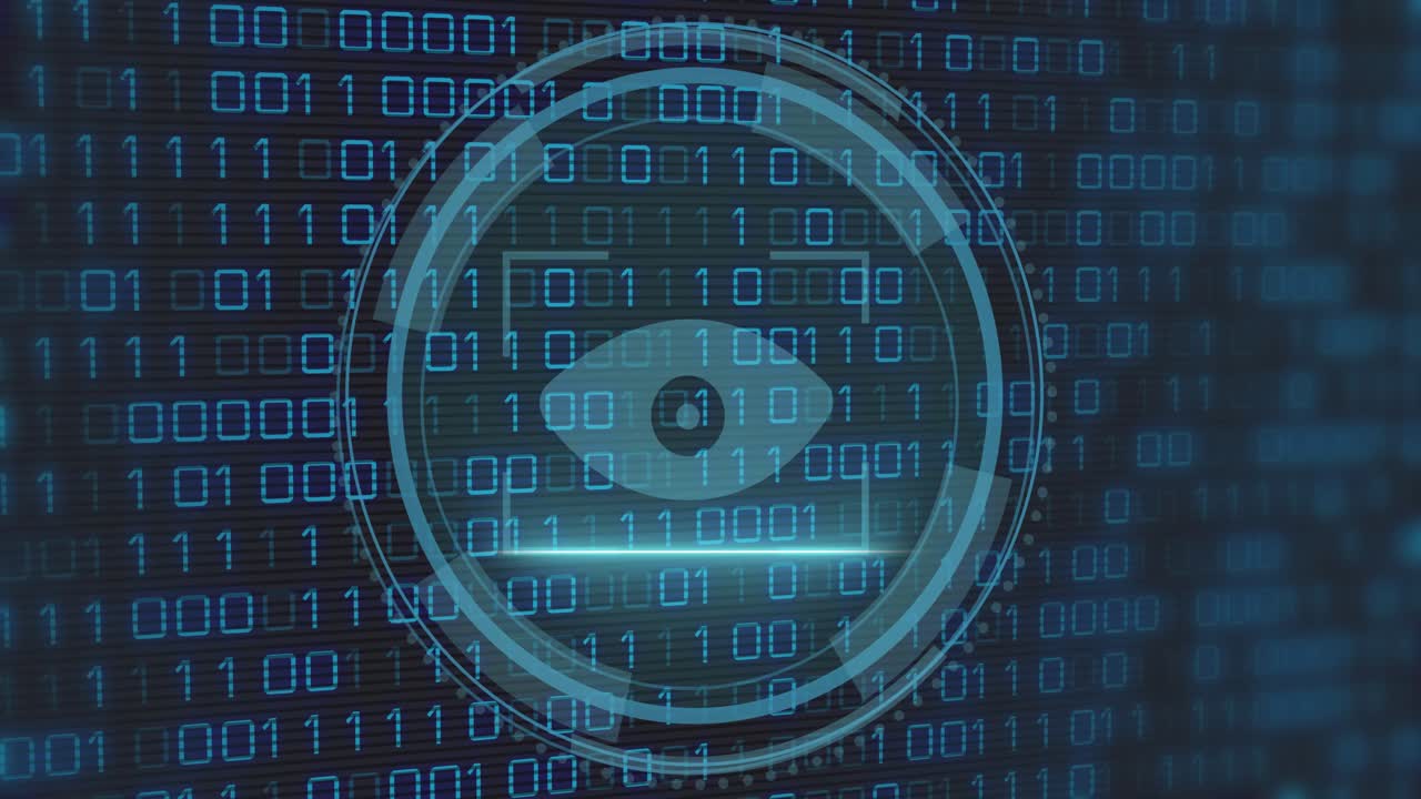 Vertical video: Forming circular HUD eye over binary as Cyber Security appearing signaling scan