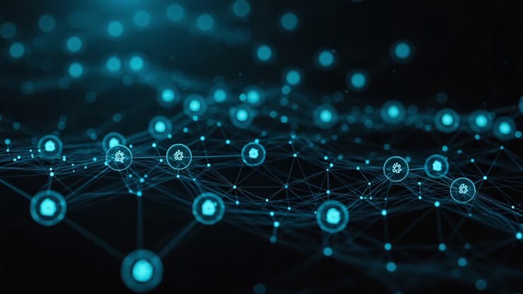 A Visual Representation of a Digital Network: Interconnected Data Points and Nodes in a Futuristic Blue Setting, Highlighting the Complexity of Information Exchange and Technology
