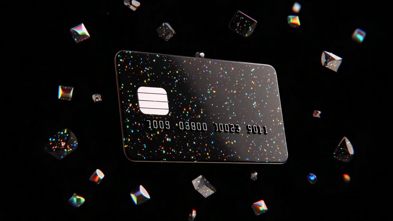 A Stunning Visual of a Cosmic-Themed Credit Card Surrounded by Glittering Fragments, Capturing the Essence of Modern Finance and Design in a Unique, Ethereal Setting