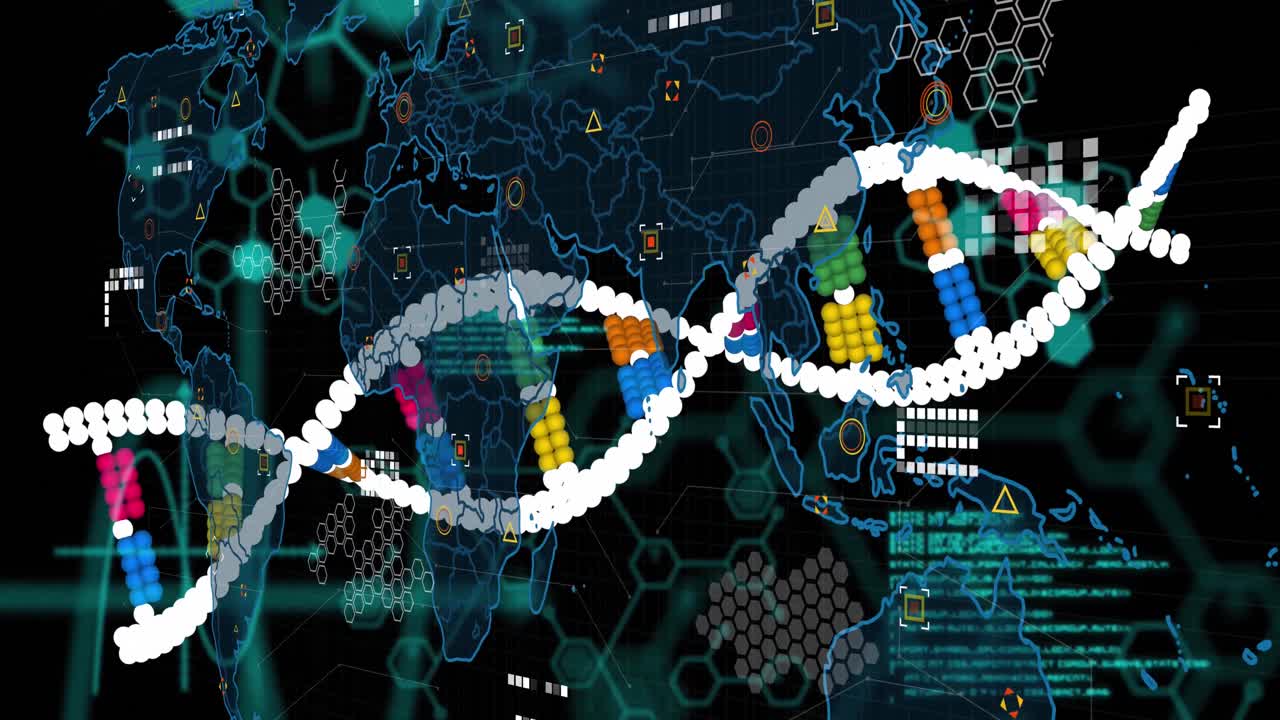 검은 바탕에 있는 dna 가닥 회전과 데이터 처리의 애니메이션