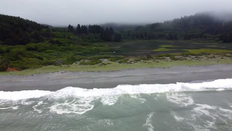 4k 30fps aerial footage oregon coast - epic flying drone shot of pacific ocean shoreline, waves crashing, and streams running through wetlands with pnw forest in background - pacific northwest nature