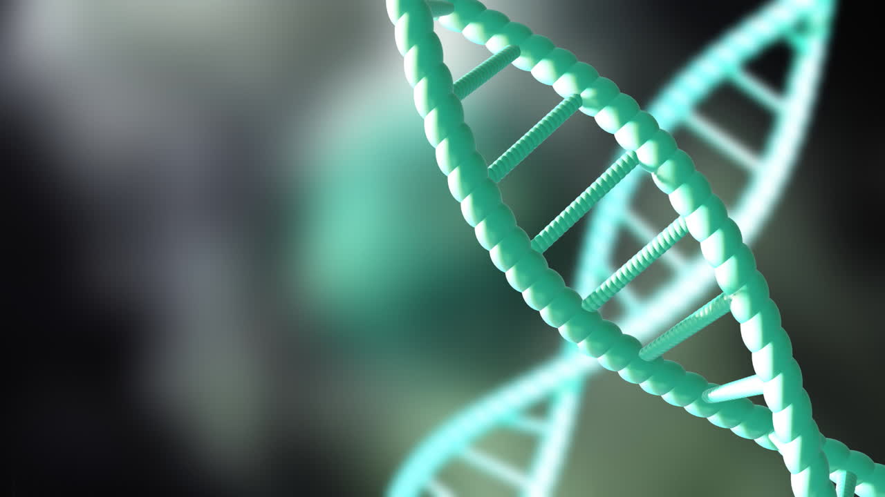 Animazione di filamenti di DNA che ruotano con spazio copia su sfondo scuro