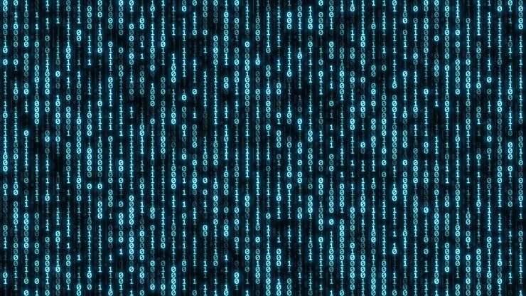 Liczby binarne w futurystycznej technologii cyfrowej z AI i sieciami danych.