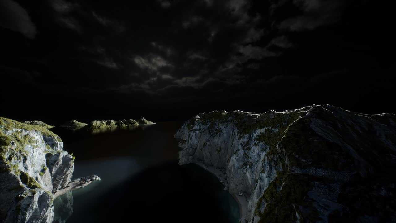 fiordo con nubes oscuras de tormenta