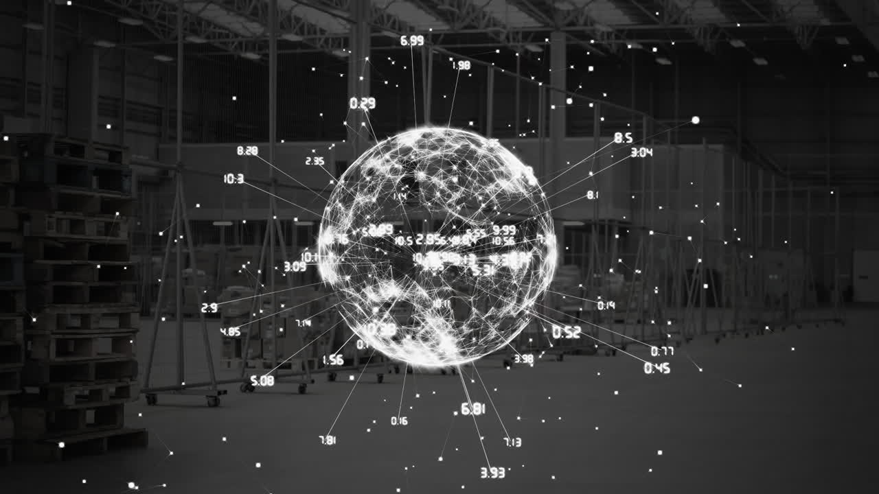 цифровая вращающаяся земля с данными на фоне склада