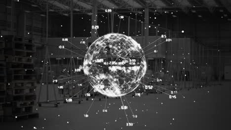 digital rotating earth with data on a warehouse background