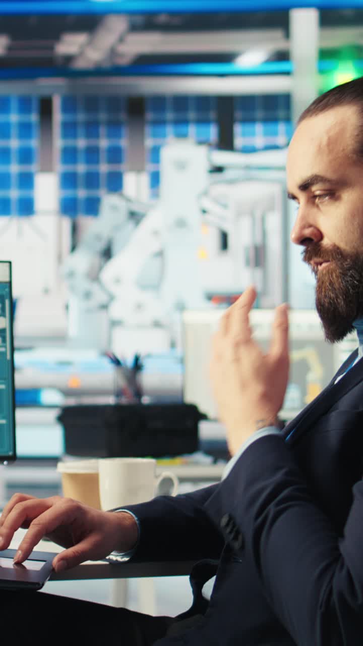 Vertical Video Specialist Using Laptop Inspects Machinery Placing Solar Cells On Conveyor Belts