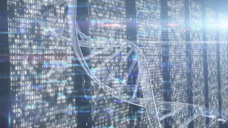 Animation of moving columns over dna strand on black background