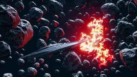 spaceship in asteroid field with explosion