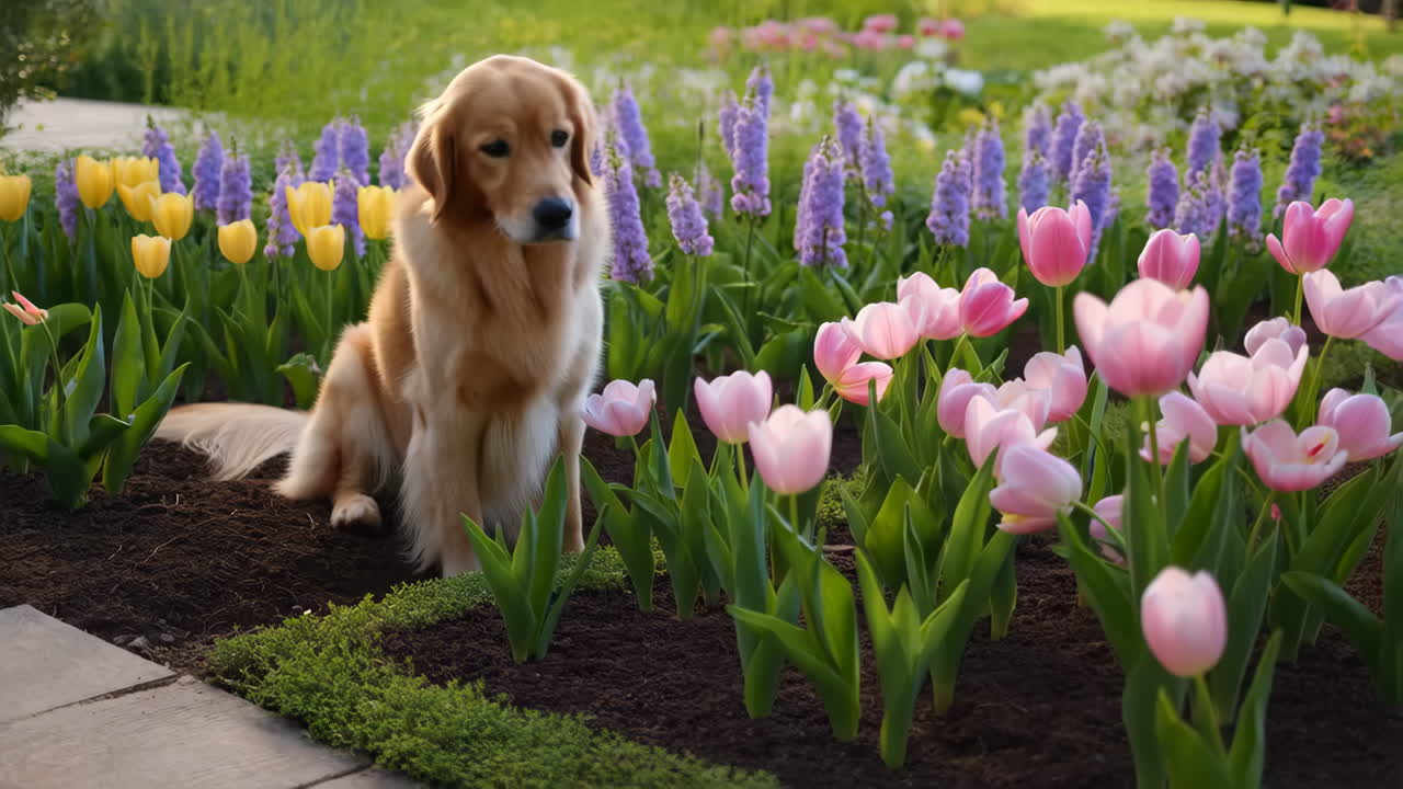 A golden retriever in a flower garden
