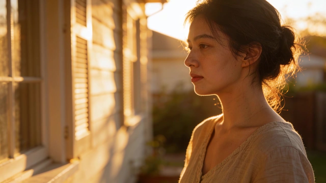Sun moving, standing woman tilting and shifting gaze at side of house, shuttered window, copy space