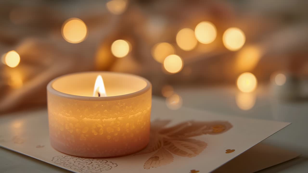 Draft causing flickering small pillar candle showing wax pool on tabletop, with card and lights