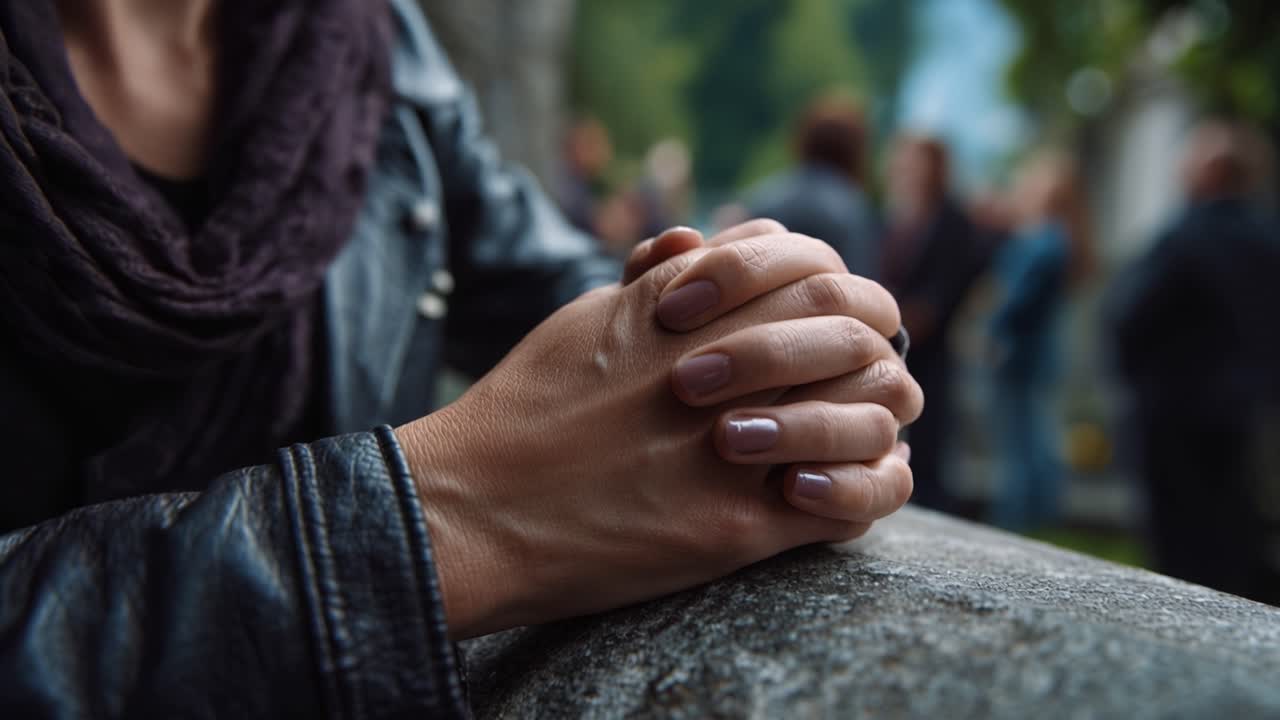 Manos juntas en oración silenciosa, descansando sobre piedra. Un enfoque suave muestra figuras borrosas en el fondo. La emoción parece inmóvil, contemplativa, pacífica. Ideal para escenas de reflexión, recuerdo solemne